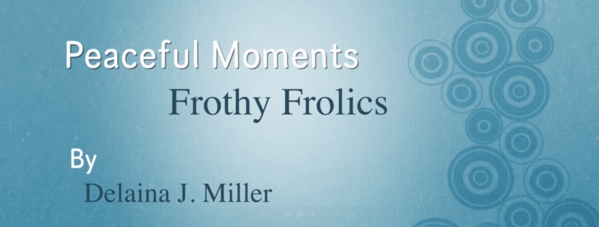light blue background with darker blue circle on the righthand side. And the title of new video: "Peaceful Moments–Frothy Frolics by Delaina J. Miller"